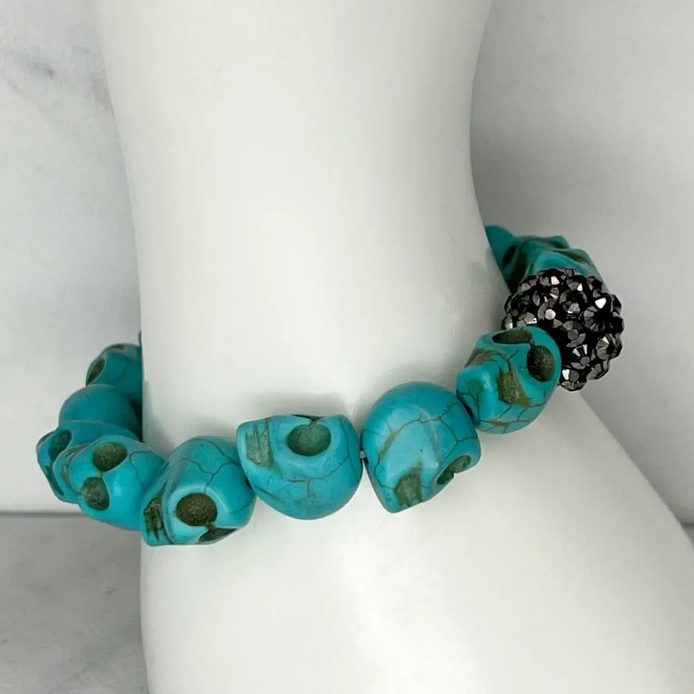Faux Turquoise Skull Rhinestone Beaded Stretch Bracelet